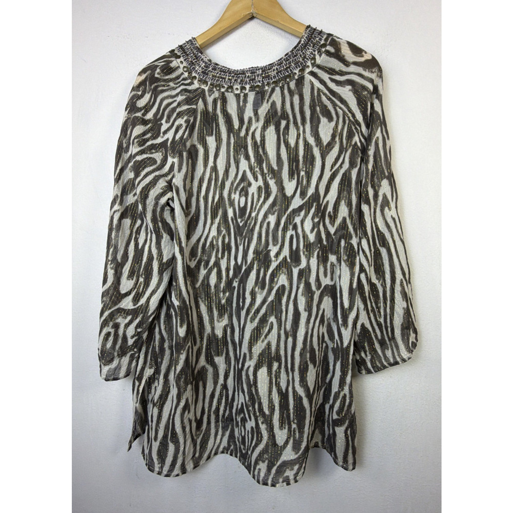 Chico's Animal Print Tunic Large silk brown gold bohemian beaded festival party - Picture 12 of 16